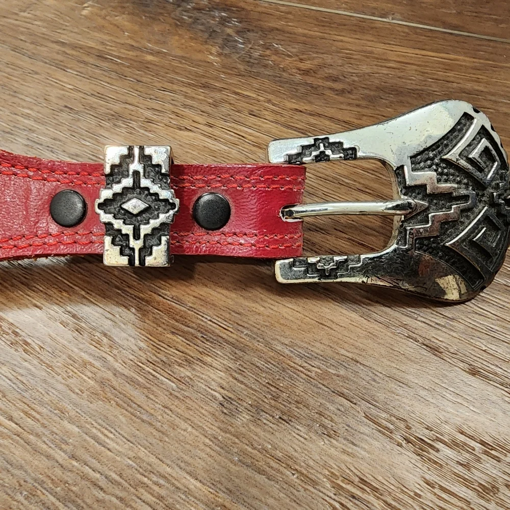 Nocona Red Leather Belt with Silver Aztec Southwestern Design Buckle size 26